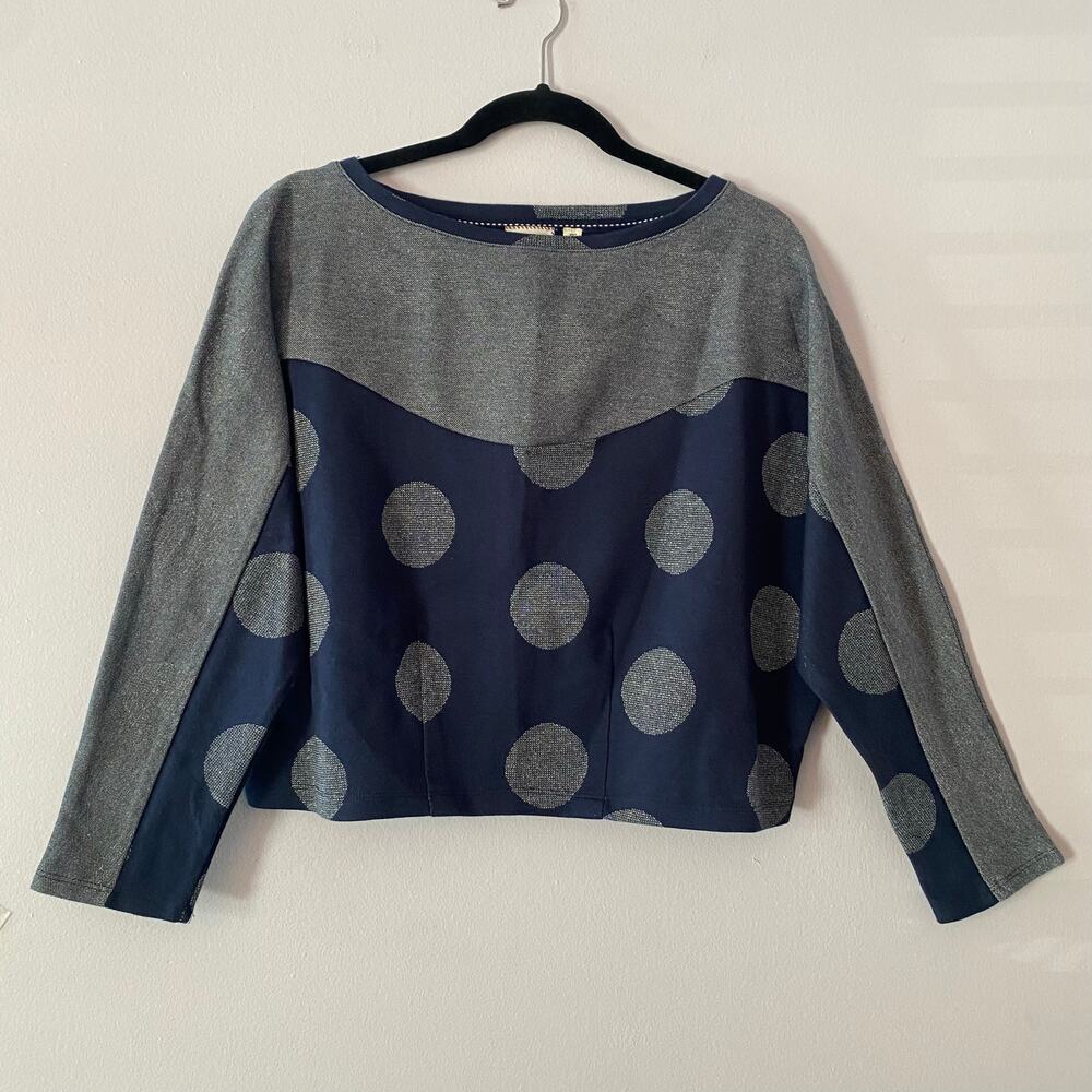 NWT Anthropologie Navy Blue Polka Dot Crewneck Cropped Sweatshirt Women's Medium